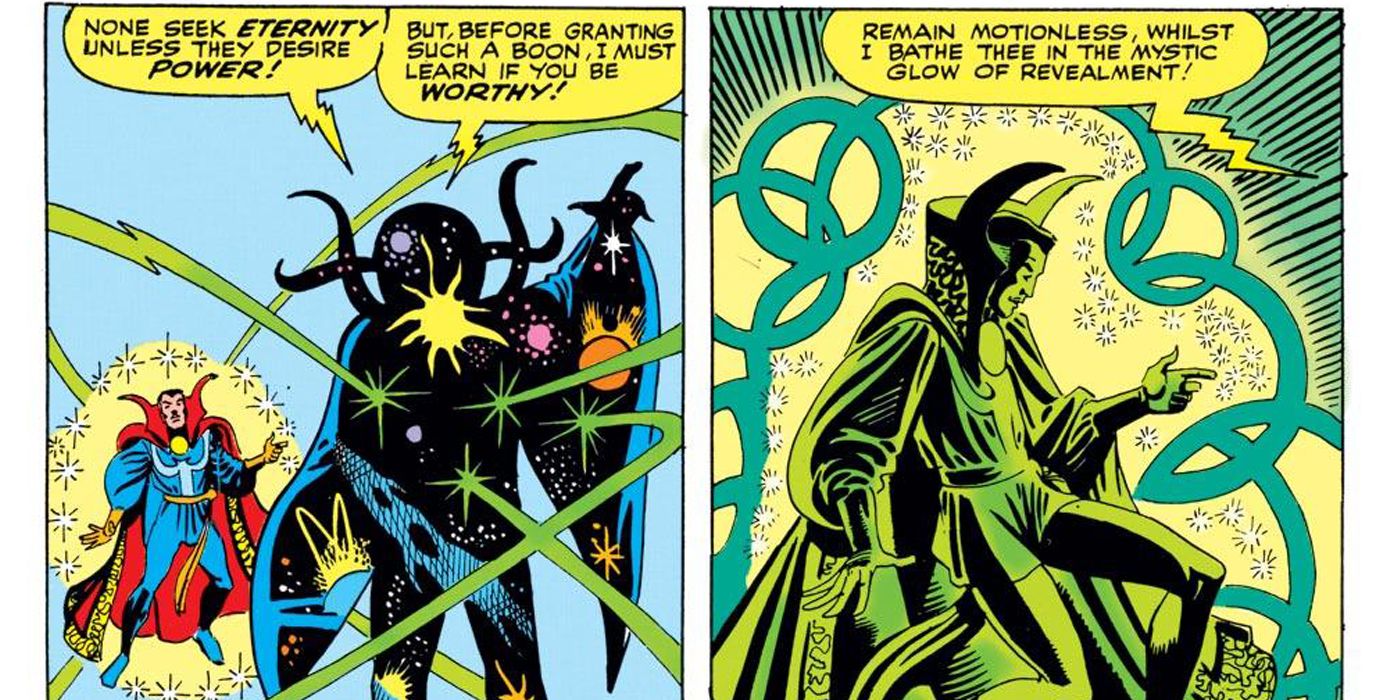 Eternity Deems Doctor Strange worthy of the Eye of Agamotto in Marvel Comics.