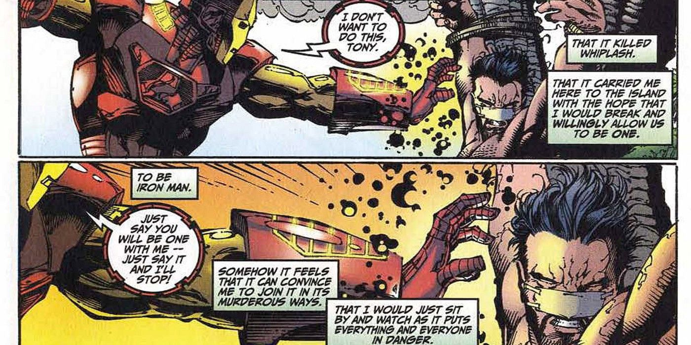 Iron Man's Sentient Armor taunts Tony Stark in two panels from a Marvel comic.