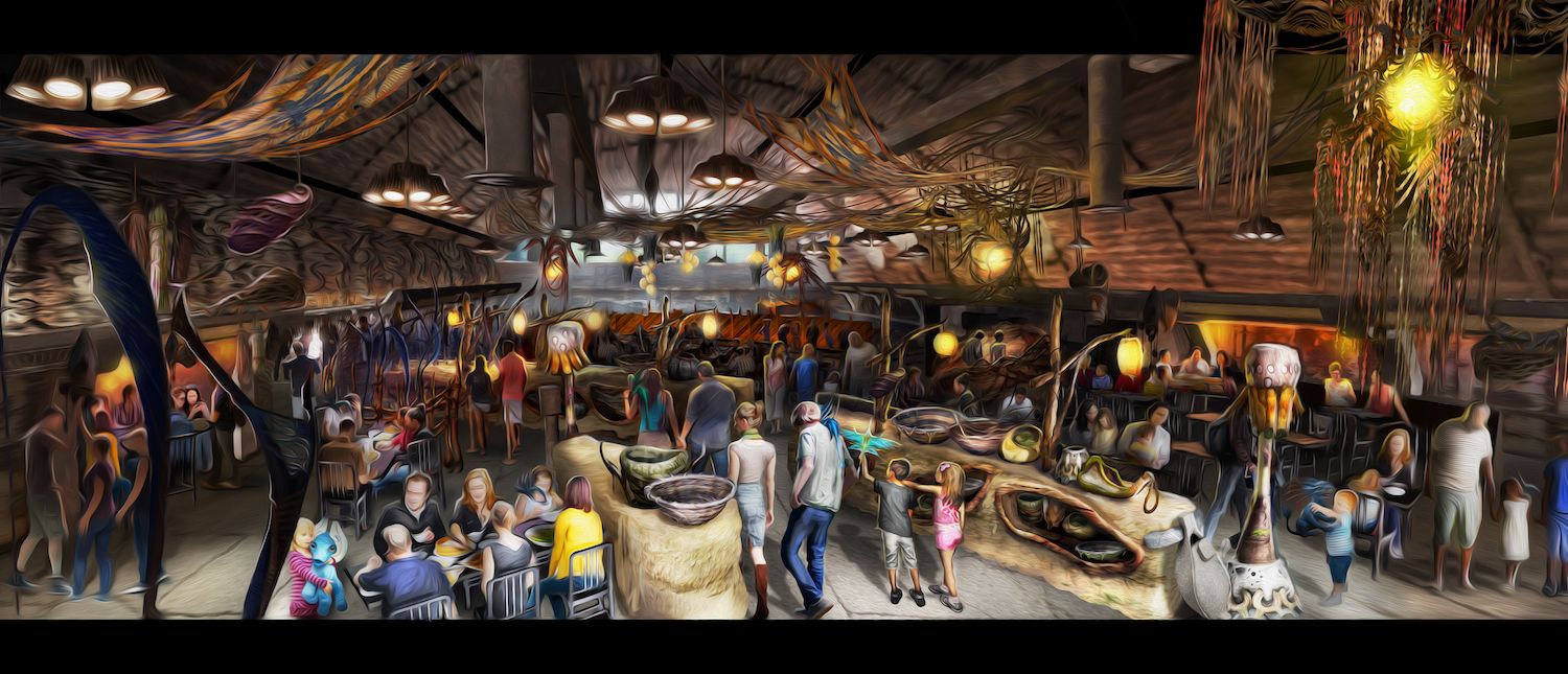 Opening in summer 2017 at Disney's Animal Kingdom, Pandora-The World of Avatar will bring a variety of new experiences to the park, including a family-friendly attraction called Na’vi River Journey and new food & beverage and merchandise locations. Satu’li Canteen, (pictured here) will be the main restaurant in Pandora – The World of Avatar and will feature Na’vi art and cultural items. Disney’s Animal Kingdom is one of four theme parks at Walt Disney World Resort in Lake Buena Vista, Fla. (