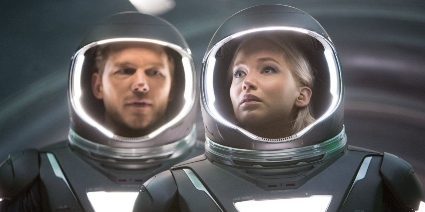 Chris Pratt and Jennifer Lawrence in space suits in Passengers