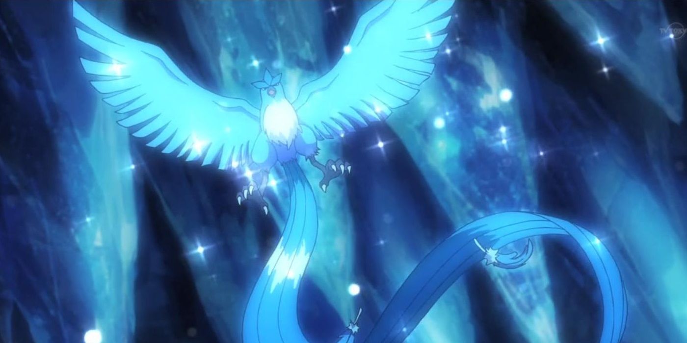Articuno glistening in an ice cave in the Pokémon anime.