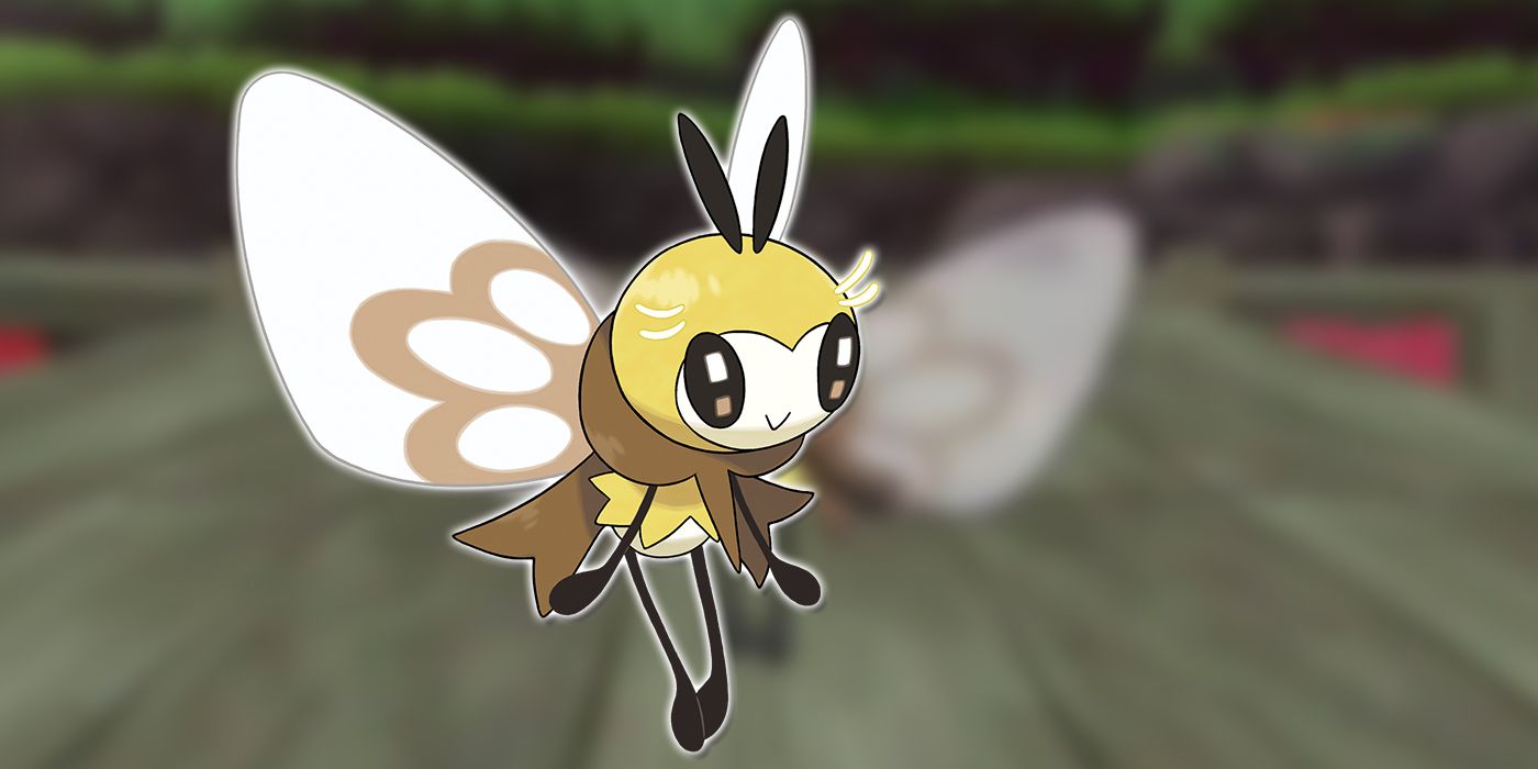Ribombee floating on a background of the Pokemon anime