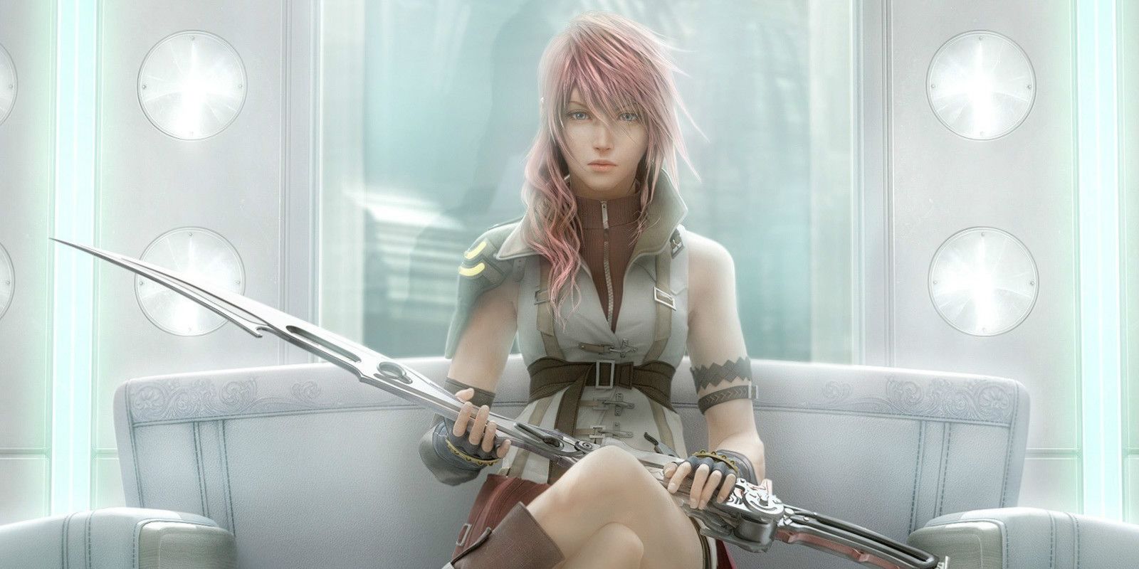 Protagonist Lightning from Final Fantasy 13 holding a weapon while sitting on a white couch.