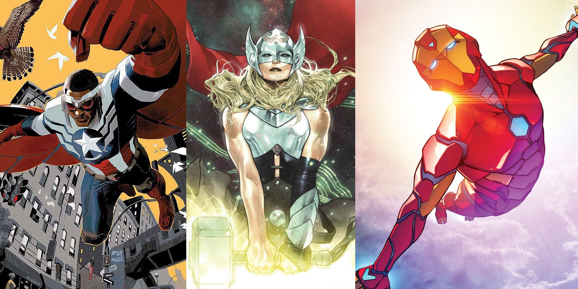 Avengers Trinity of Sam Wilson Captain America, Jane Foster Thor, and Riri Williams Iron Man or Ironheart