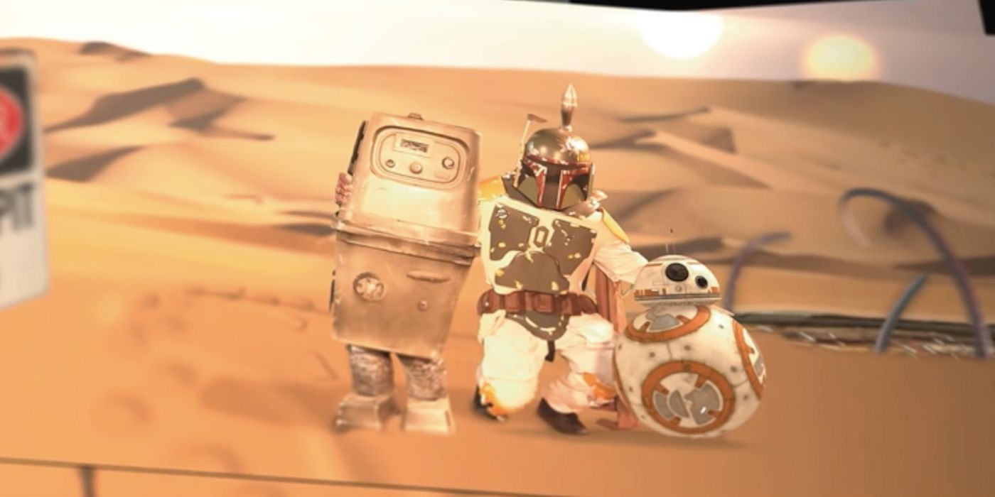 BB-8, Gonk droid, and Boba Fett in Star Wars fan film