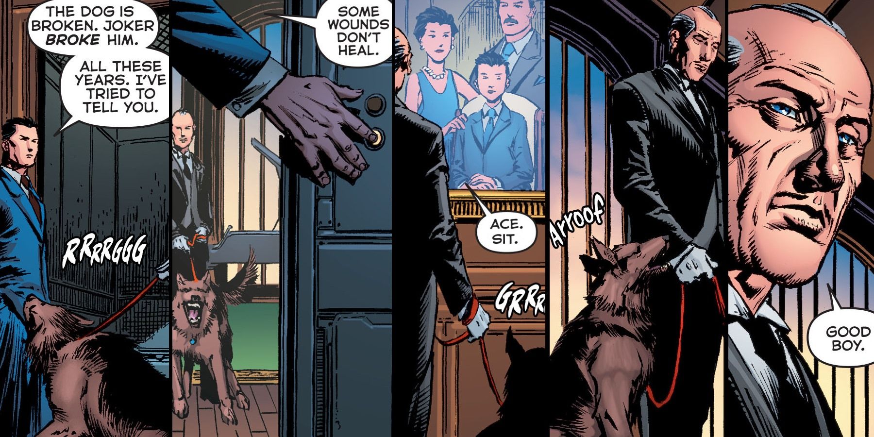 Bruce Wayne, Alfred, and Ace the Dog in DC Comics