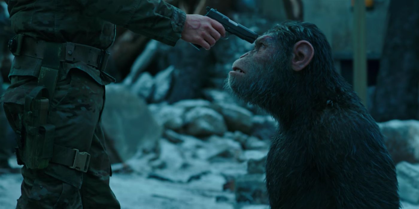 Caesar at gun point in War for the Planet of the Apes