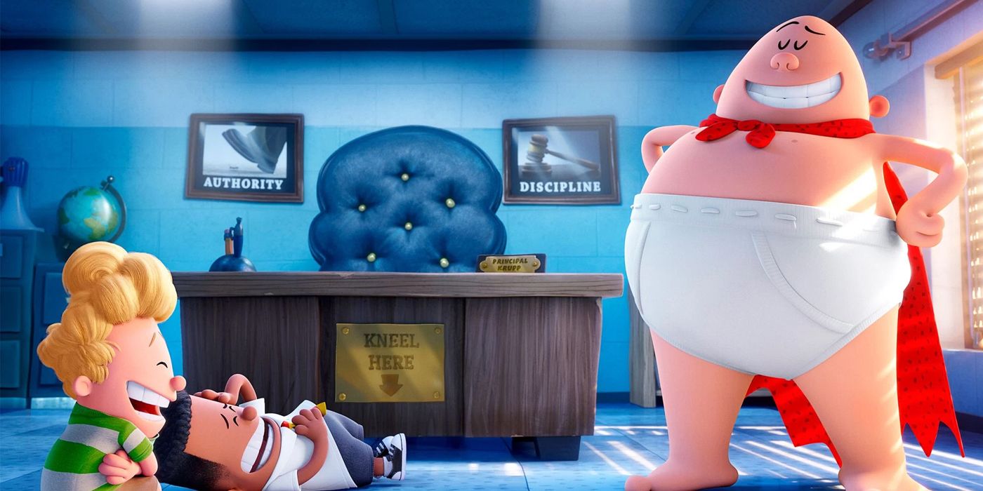 Two kids laughing at Captain Underpants in Captain Underpants Movie