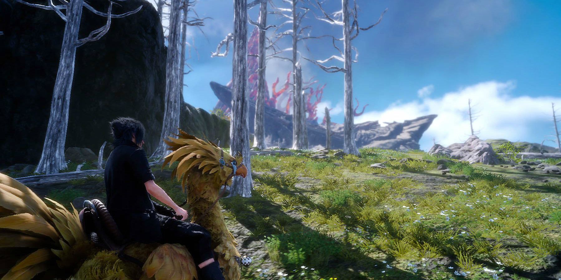 Noctis riding a Chocobo in Final Fantasy 15.