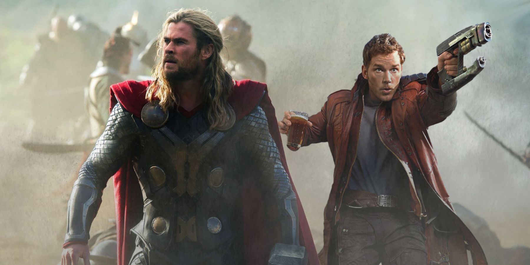 Chris Pratt as Star Lord and Chris Hemsworth as Thor in the MCU