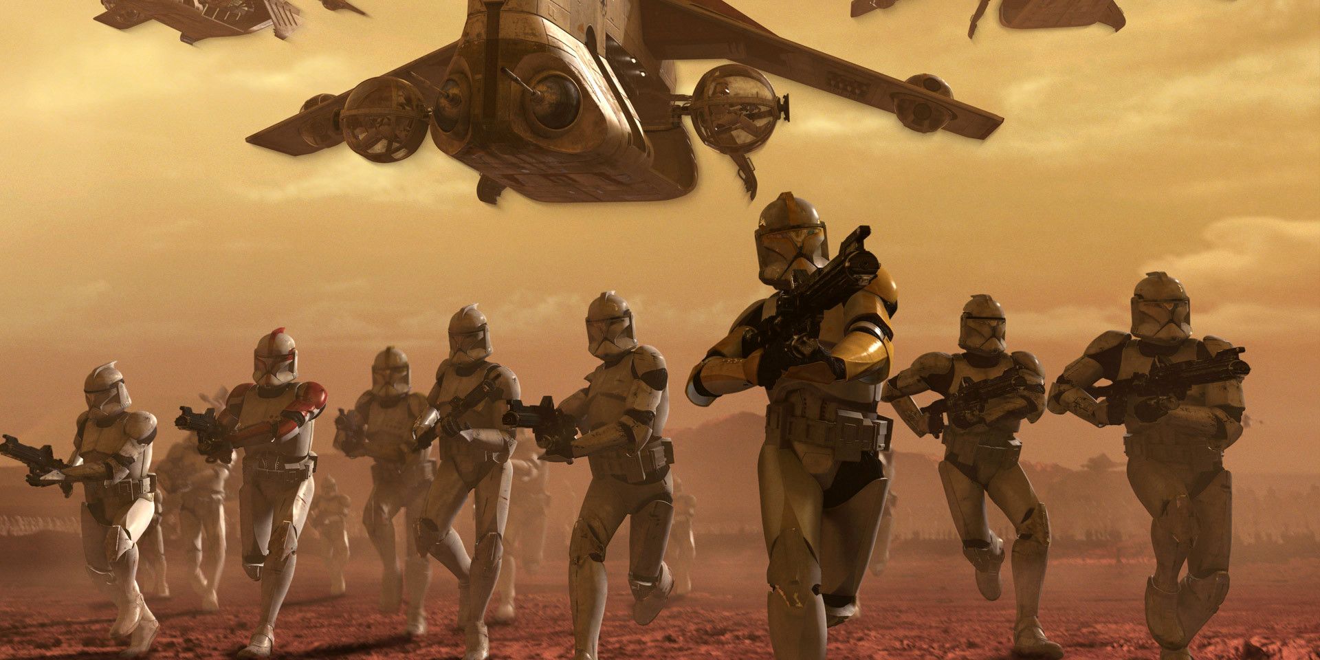 Clone Troopers drop out of a dropship in Star Wars