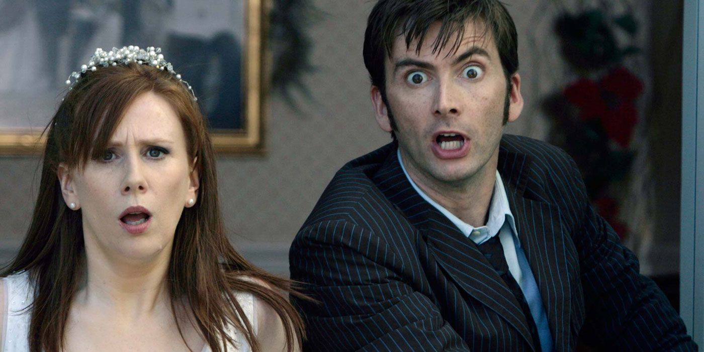 The Tenth Doctor and Catherine dressed as a bride in Doctor Who