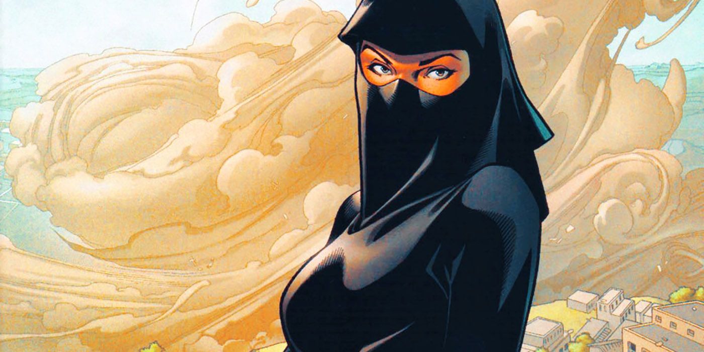 An image of Dust standing in a sandy field in the Marvel Comics