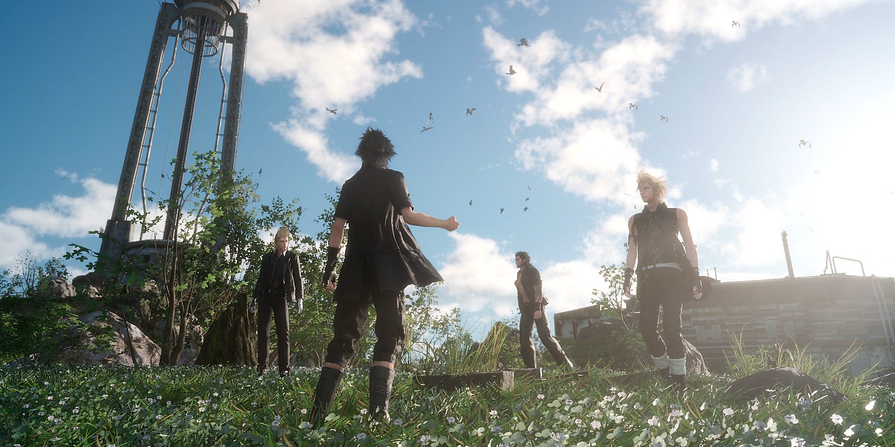 Final Fantasy XV characters standing in a field of flowers.