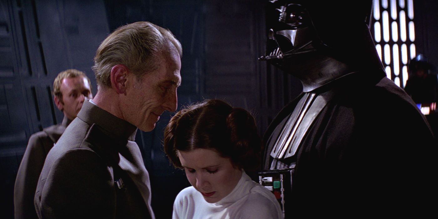 Grand Moff Tarkin, Princess Leia, and Darth Vader in Star Wars: A New Hope