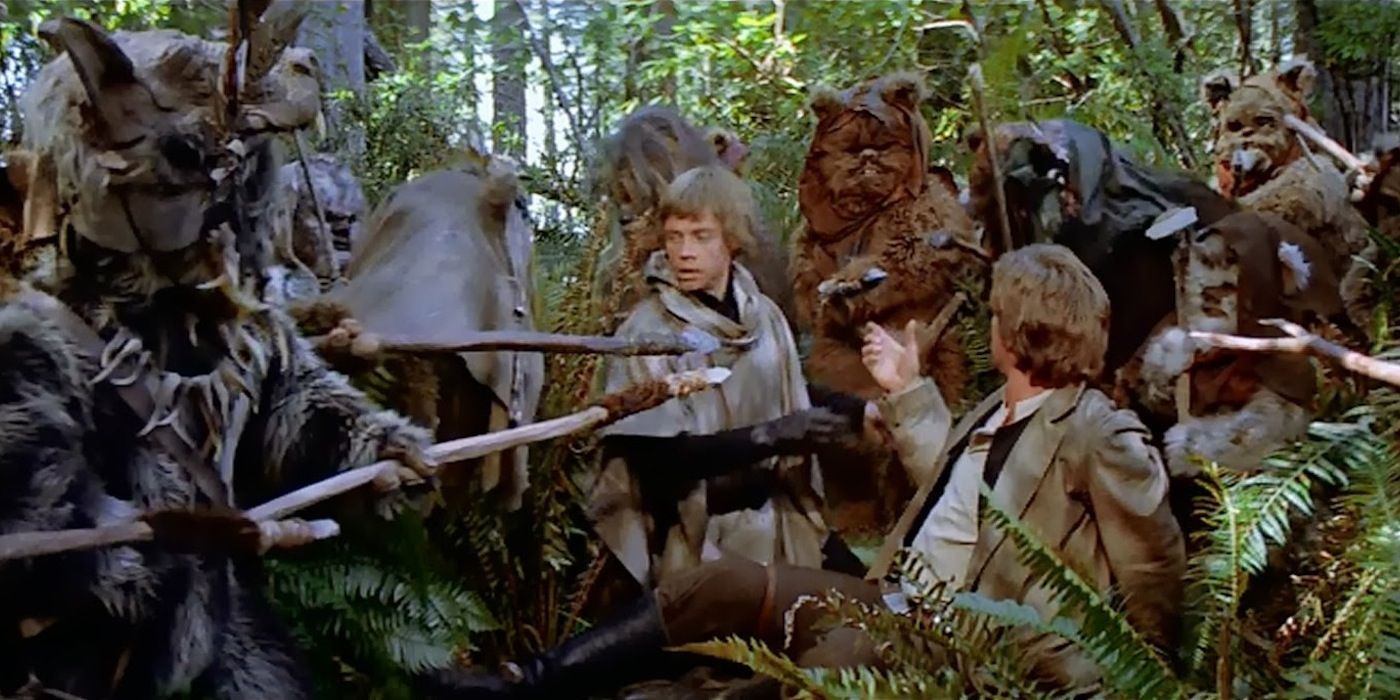 Han Solo And Luke Skywalker Surrounded By Ewoks in Star Wars