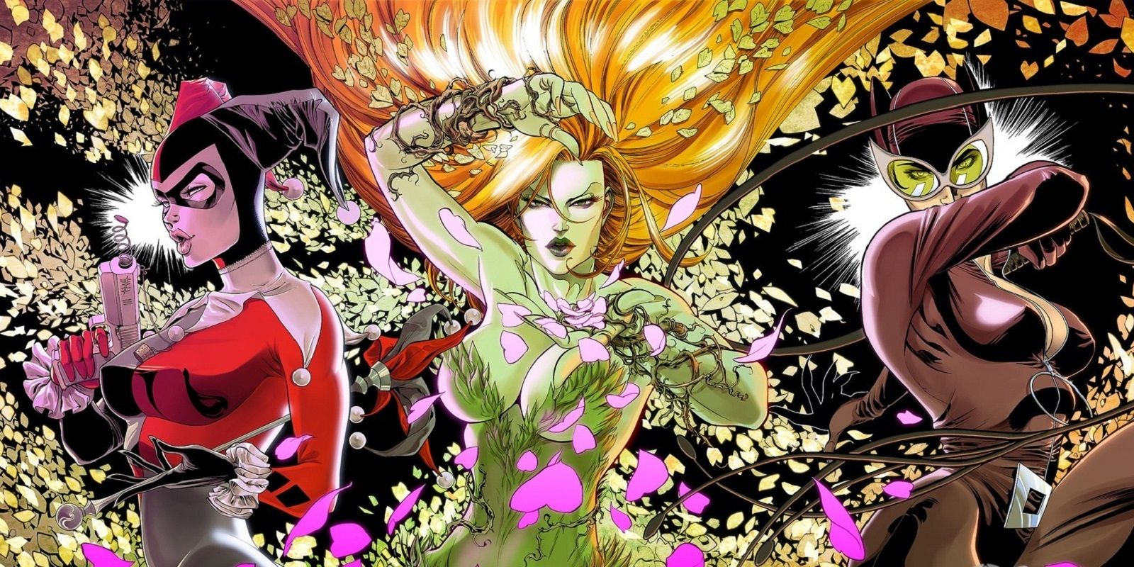 Harley Quinn, Poison Ivy, and Catwoman, part of the Gotham City Sirens in Dc Comics.