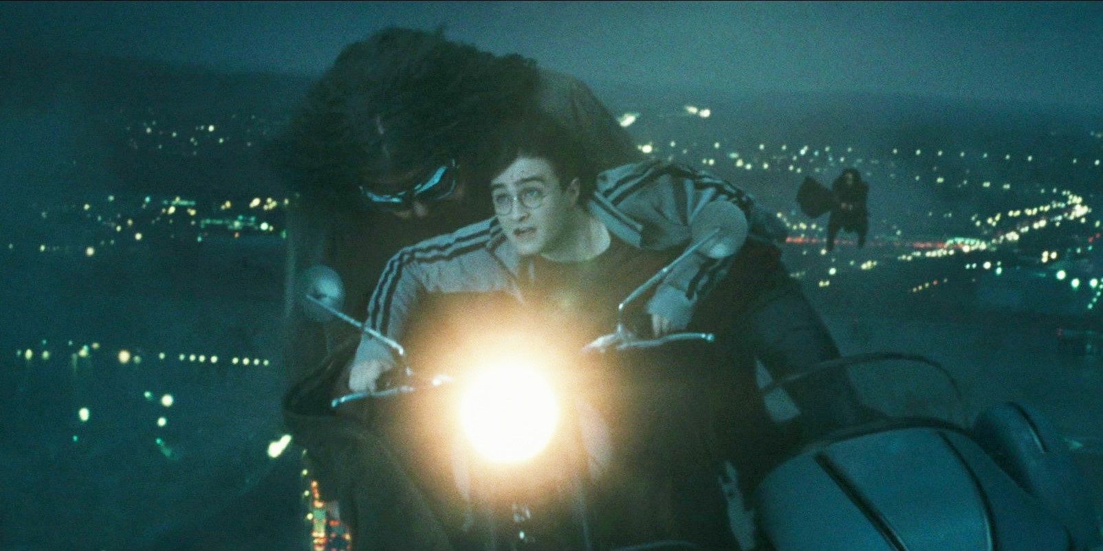 Harry and Hagrid trying to escape Death Eaters in The Deathly Hallows