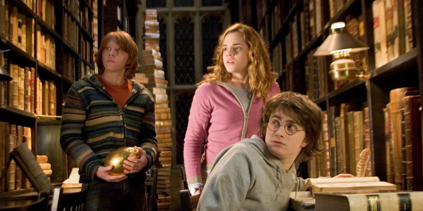 Ron, Hermione and Harry in the Hogwarts library