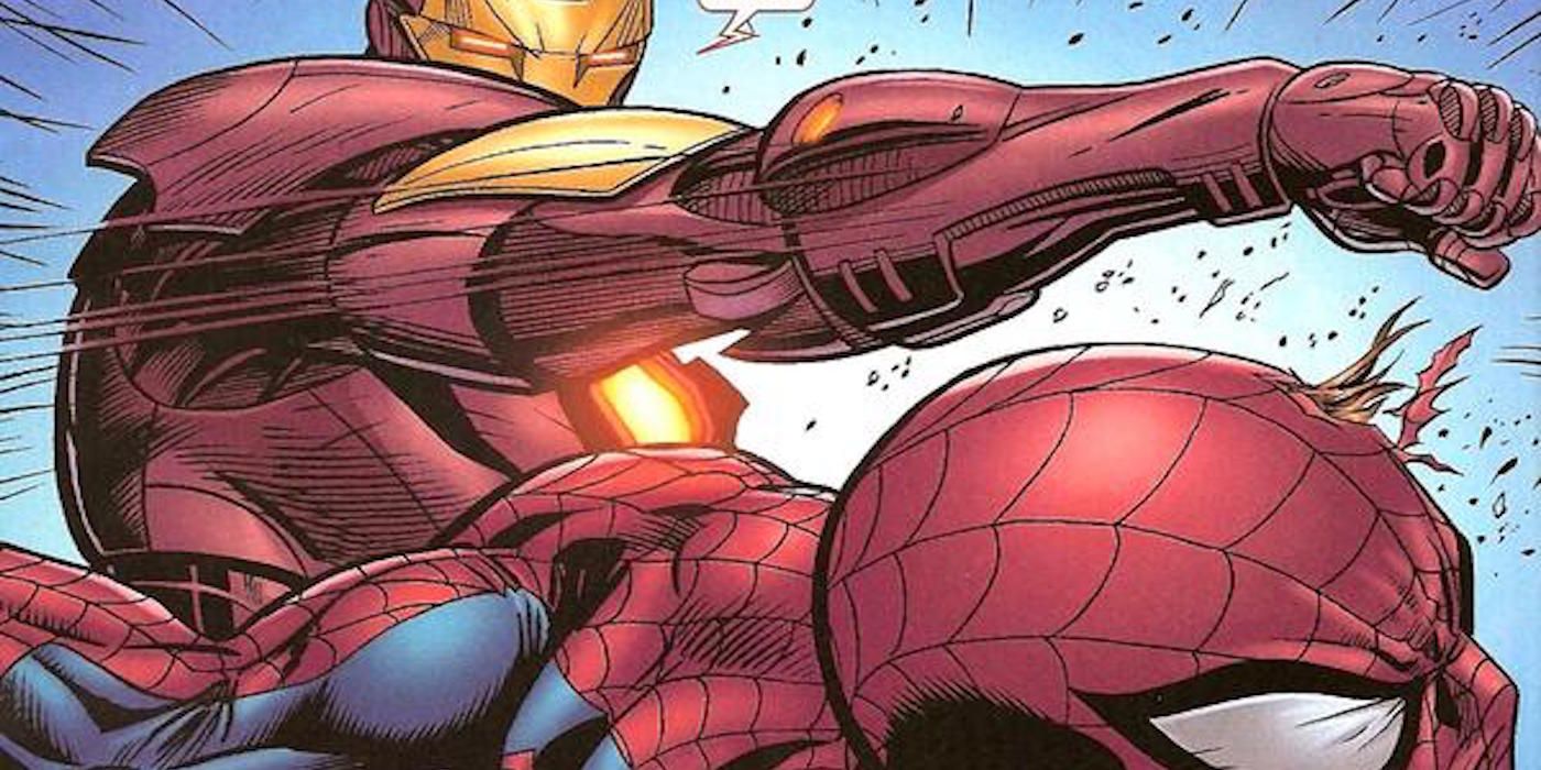 Iron Man Punching Spider-Man During Civil War Fight