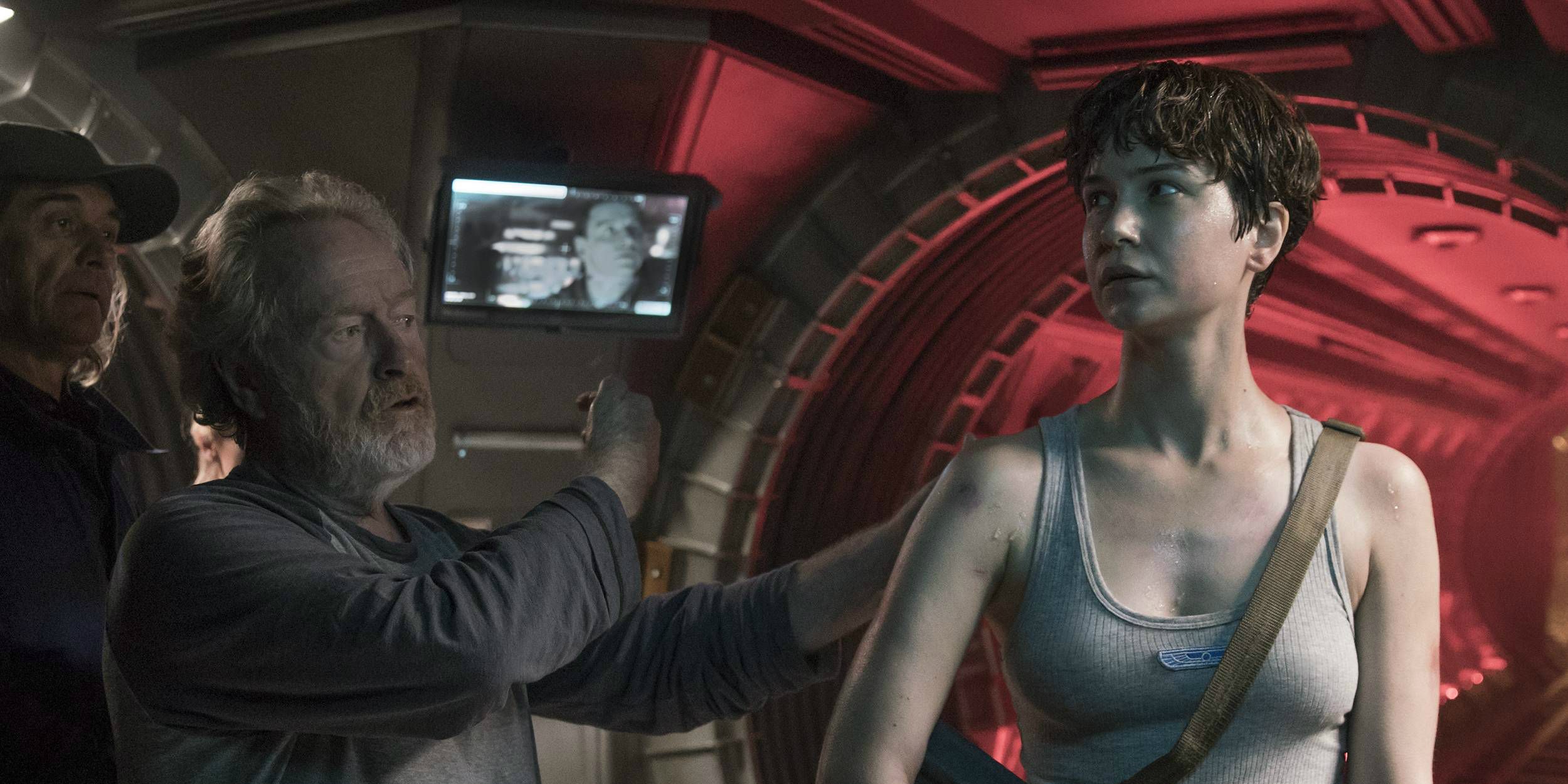 Katherine Waterston and Ridley Scott on Alien Covenant set