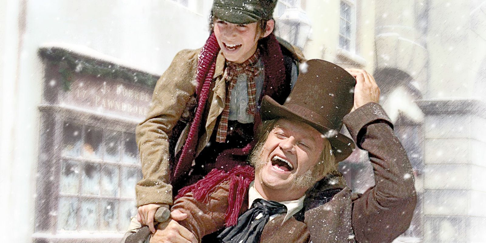Kelsey Grammer is Scrooge carrying Tiny Tim in A Christmas Carol: The Musical.
