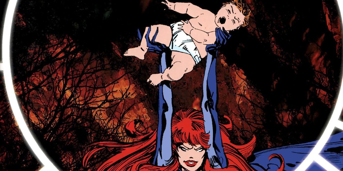 Madelyne Pryor holds baby Nathan Summers aloft (X-Men)