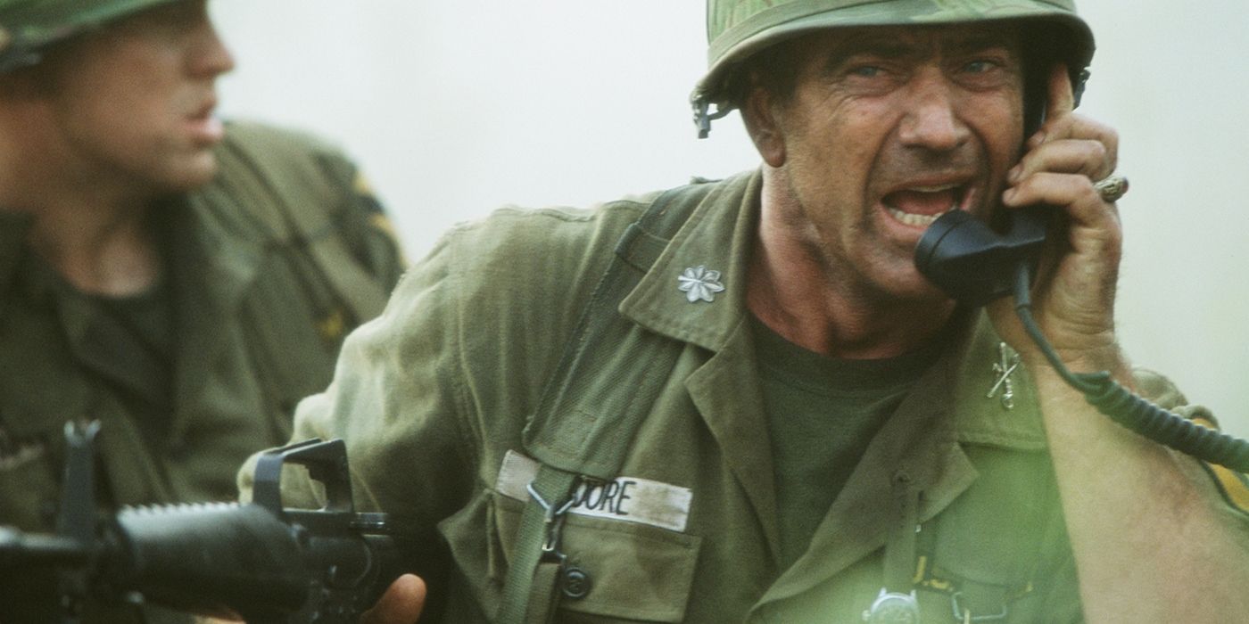 Mel Gibson as Lt. Col. Hal Moore on the phone in a warzone in We Were Soldiers.