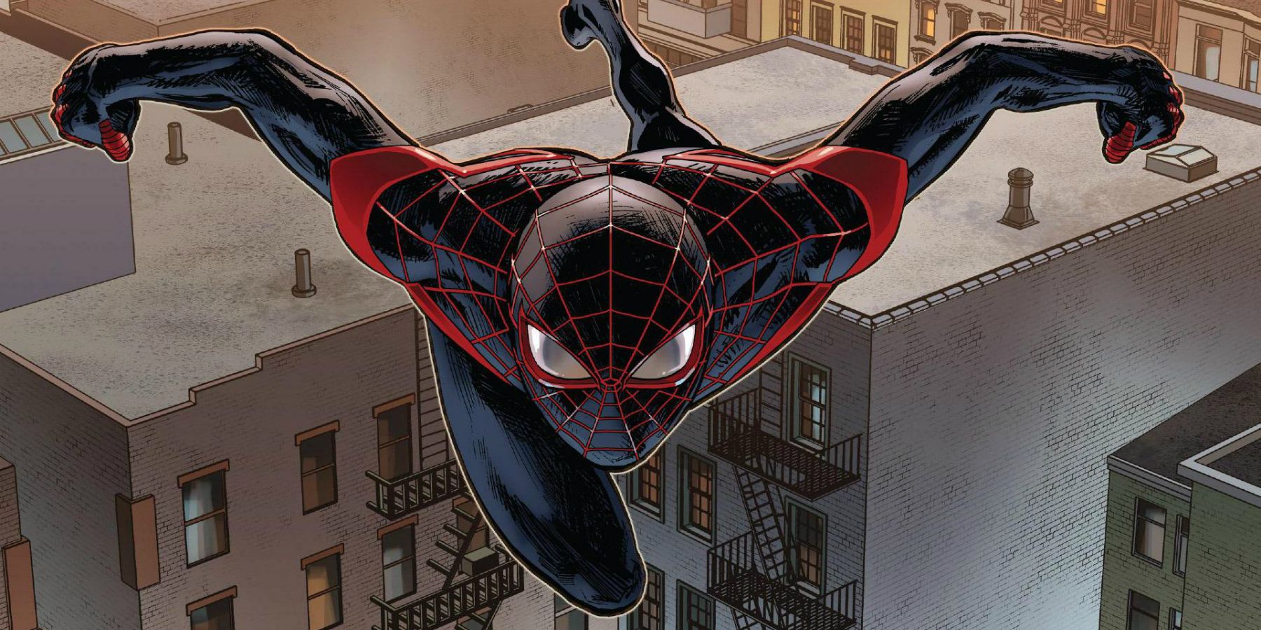 Miles Morales jumping from building to building