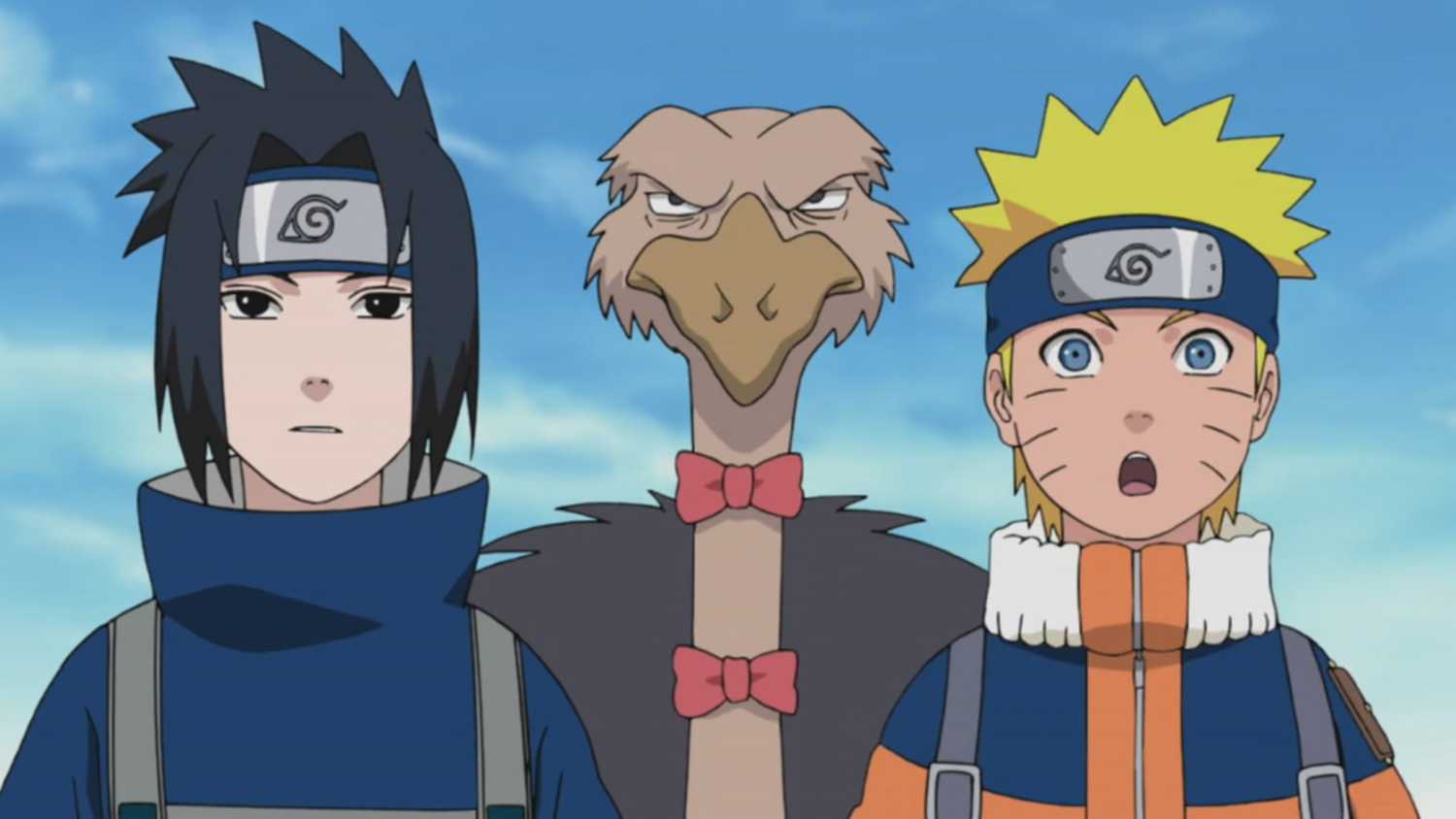 Réaction stoïque de Sasuke et Naruto avec une créature ressemblant à une autruche derrière eux