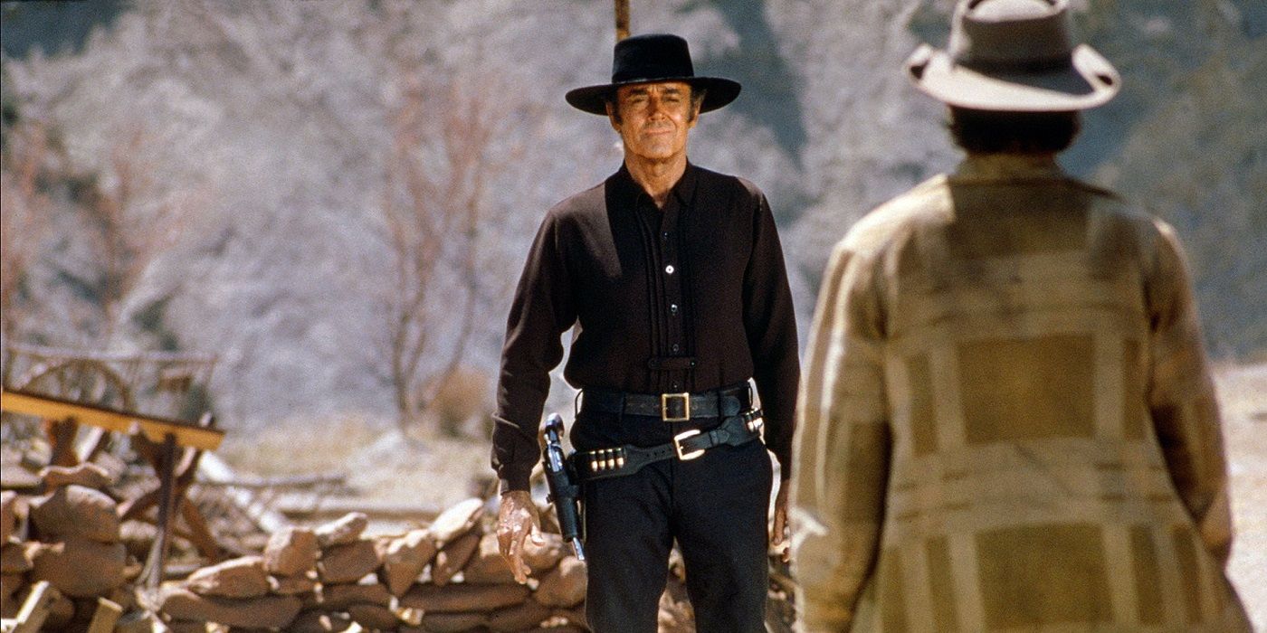 Henry Fonda as Frank in his final showdown with Charles Bronson as Harmonica in the desert in Once Upon a Time in the West