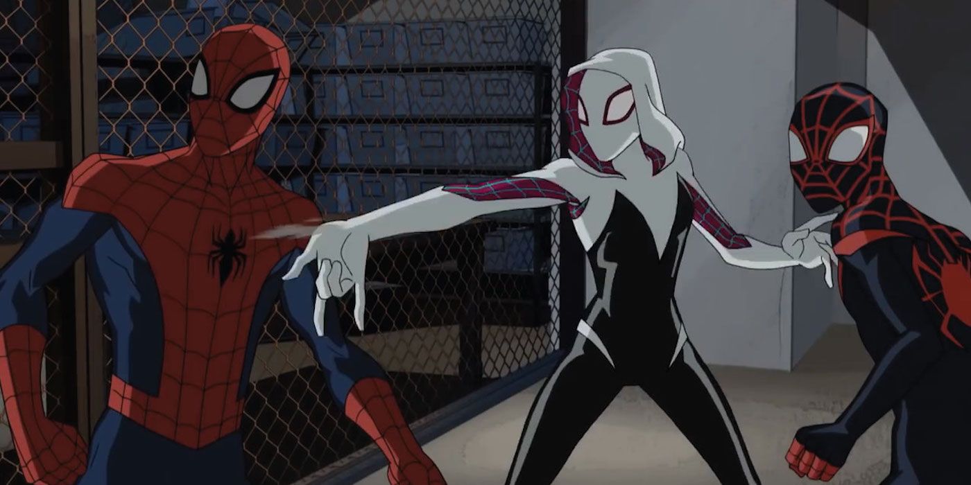 Peter Parker, Spider-Gwen, and Miles Morales on Ultimate Spider-Man