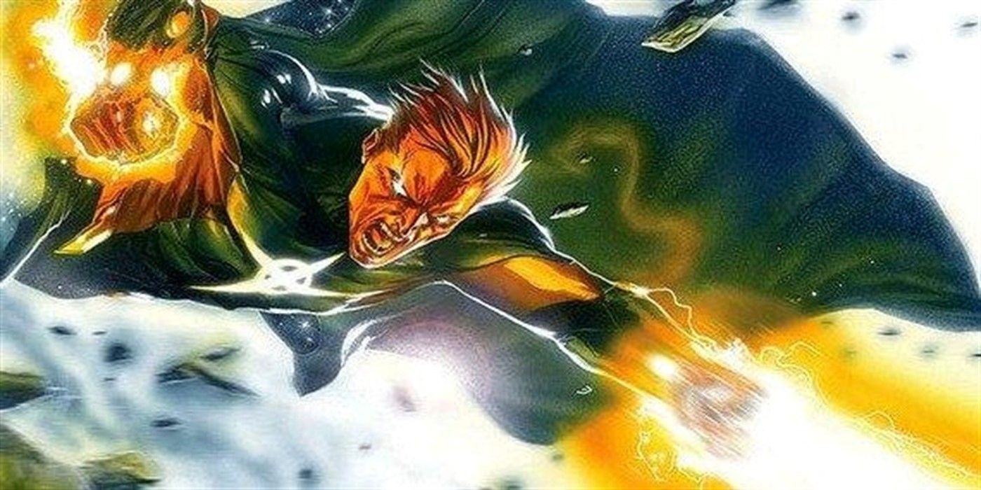 Quasar uses his quantum bands and screams in a panel from a Marvel comic book.