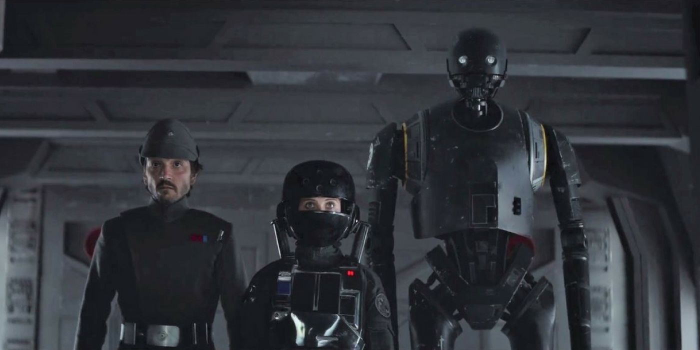 Rogue One A Star Wars Story -Cassian Andor, Jyn Erso, and K-2SO in disguise - cropped