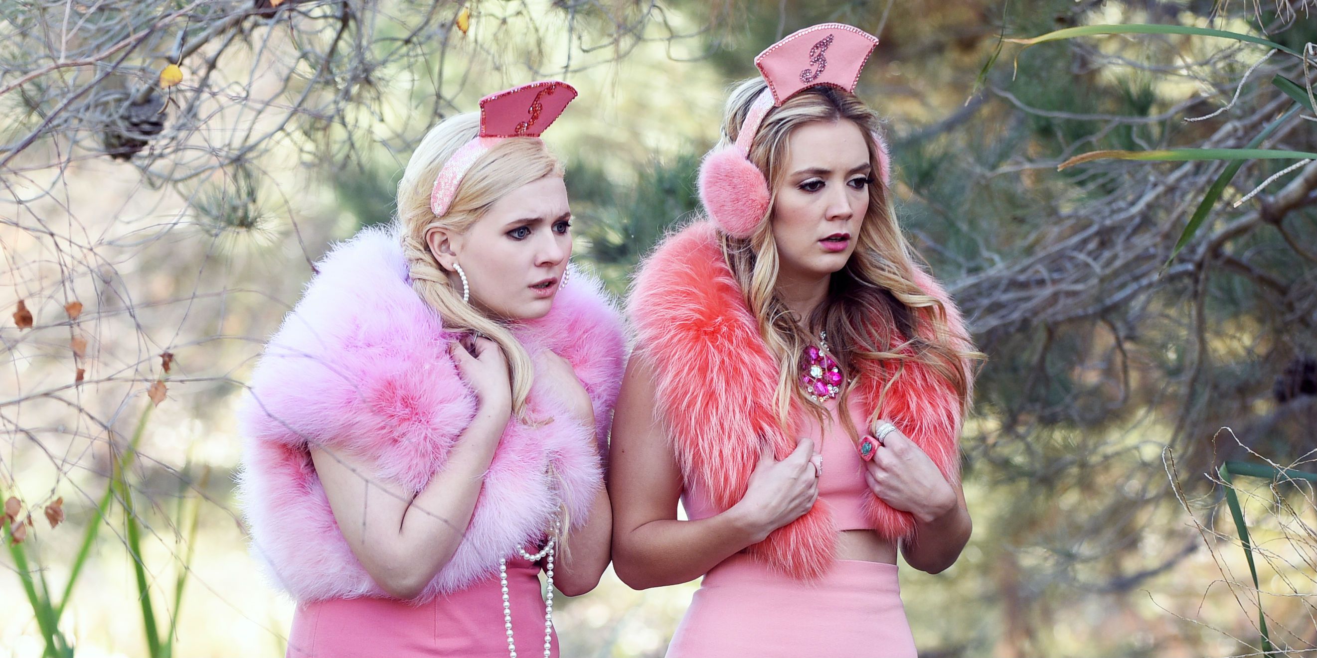 Chanel 5 and Chanel 3 wearing pink outfits looking scared outside in Scream Queens