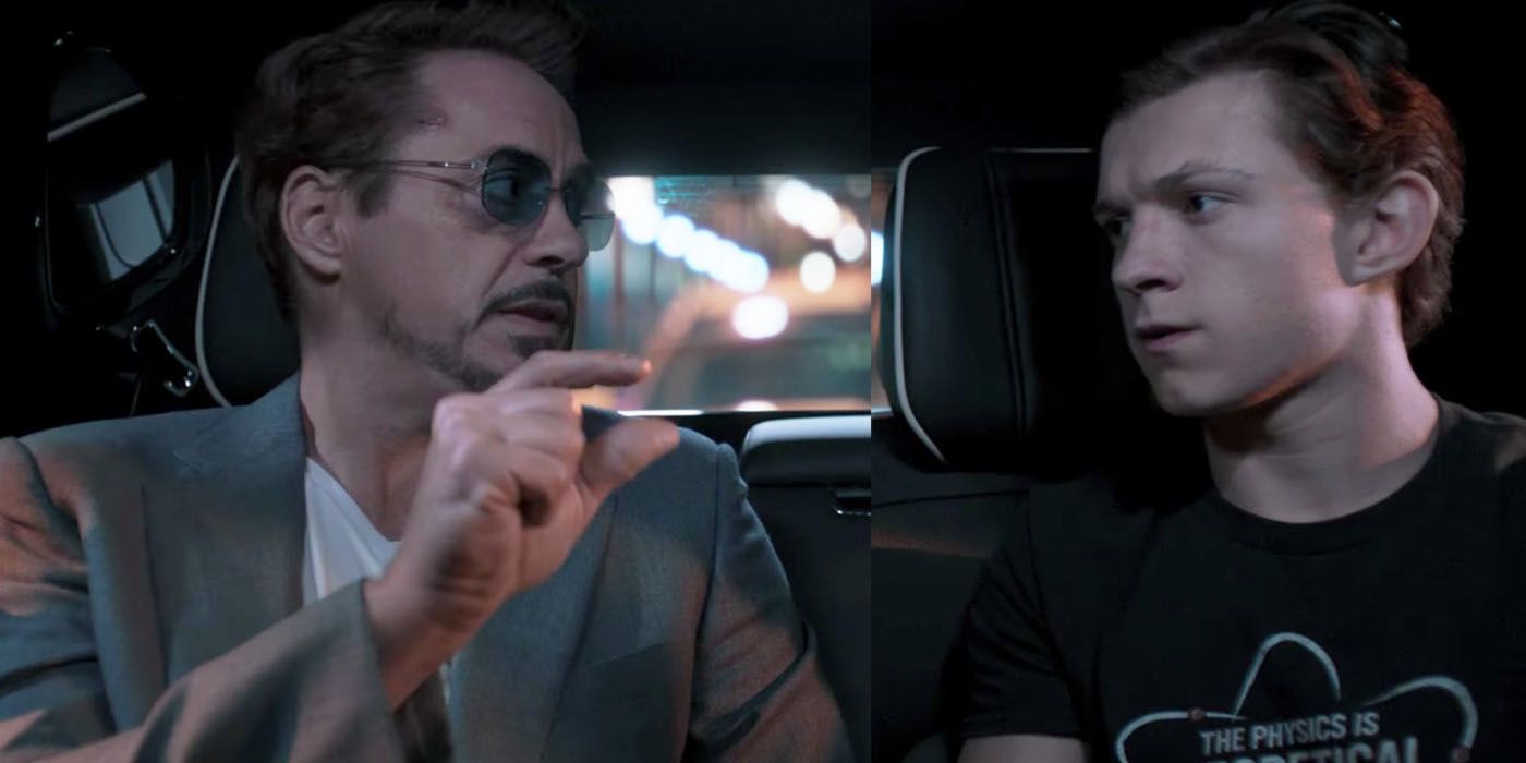 Tony Stark gives something to Peter Parker in a car in Spider-Man Homecoming