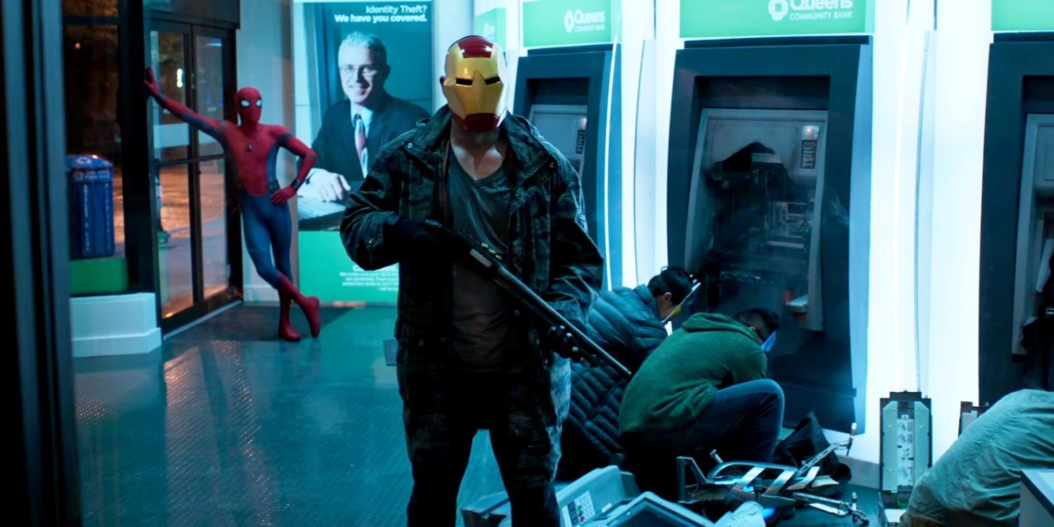 A Robber With A Gun And An Iron Man Mask With Spider-Man Leaning On A Wall Behind Him From Spider-Man Homecoming 