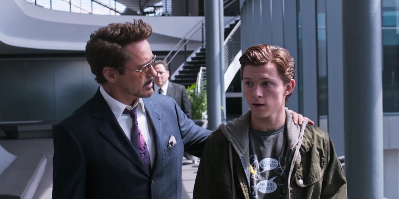 Tony Stark and Peter Parker walking side by side in Spider-Man Homecoming.