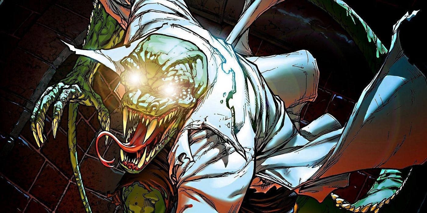 Spider-Man faces The Lizard Curt Connor in the sewer