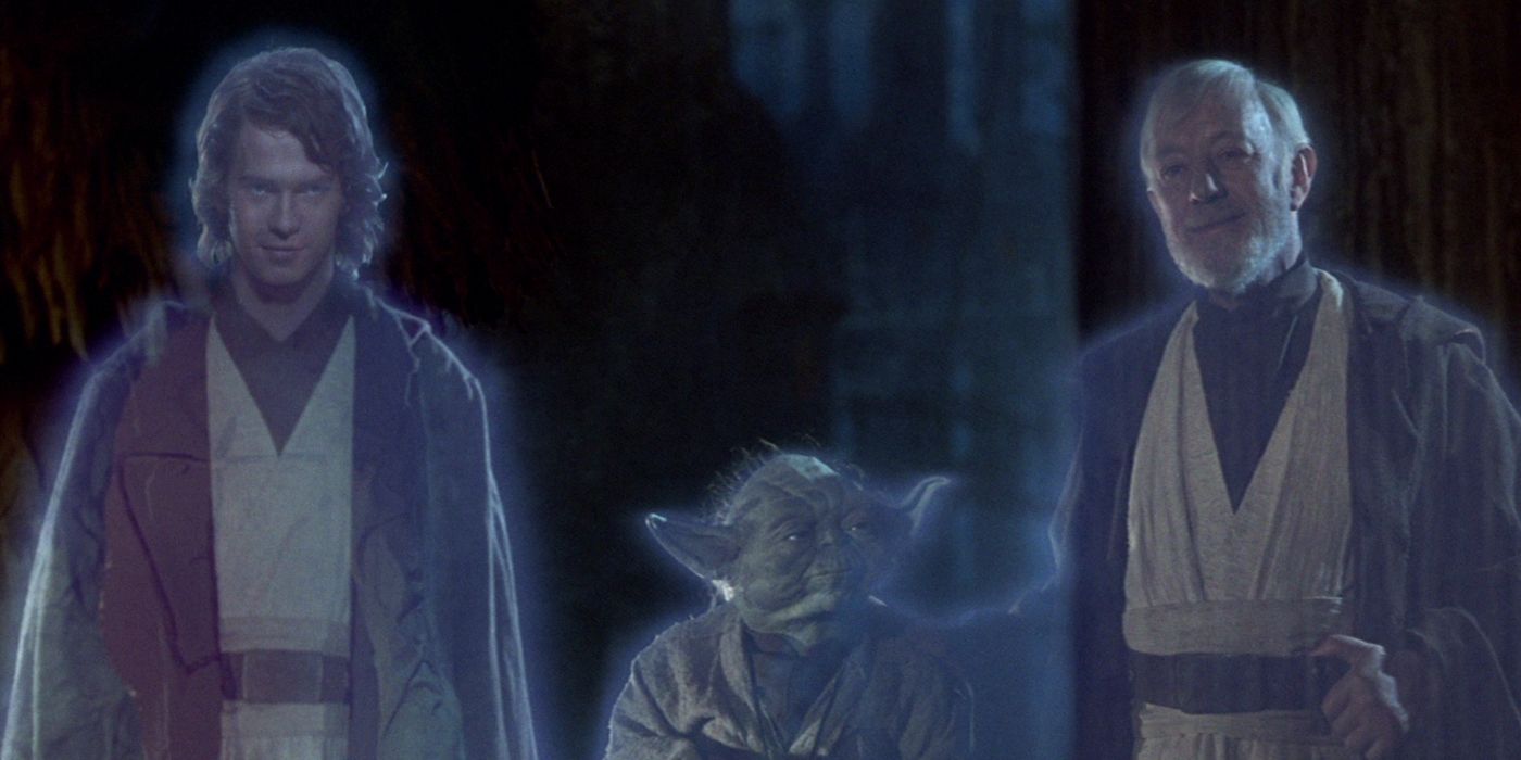 Anakin Skywalker, Yoda, and Obi-Wan appear as Force ghosts in Return of the Jedi.