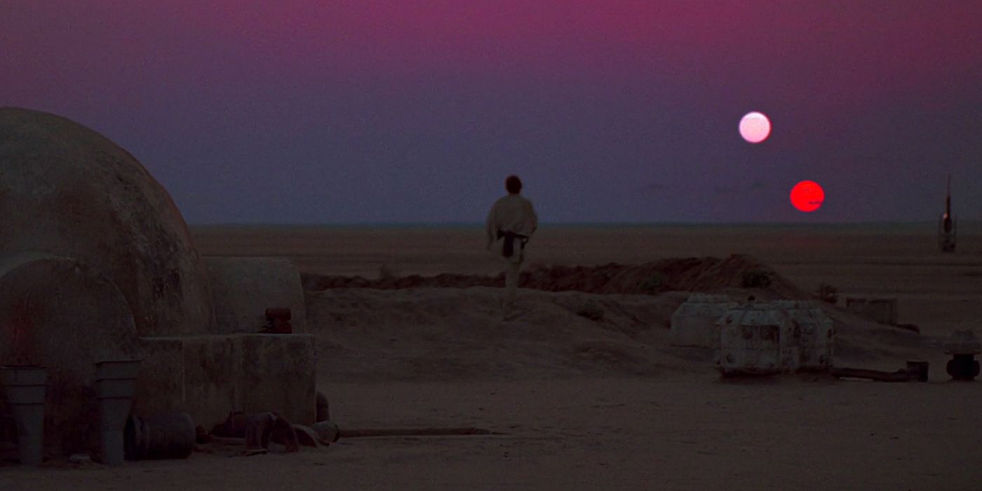 Luke watches the twin sunset on Tatooine in Star Wars