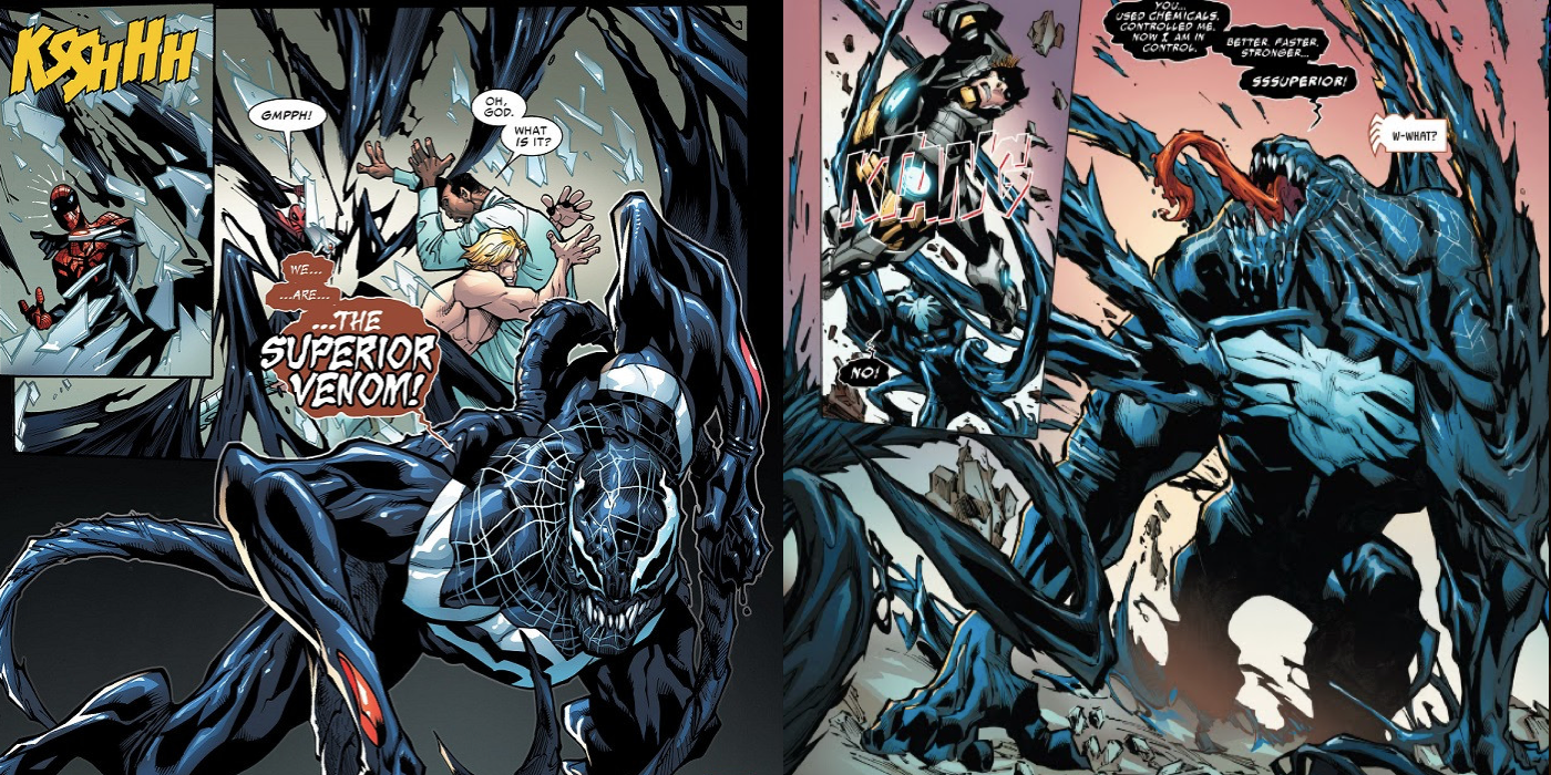 Superior Spider-Man as Venom versus Flash Thompson as Iron Man in Marvel Comics.