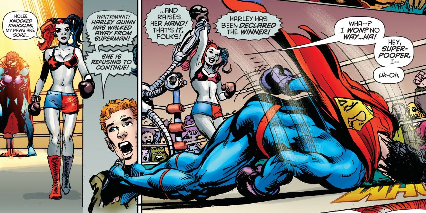 Harley Quinn knocks out Superman in DC Comics.