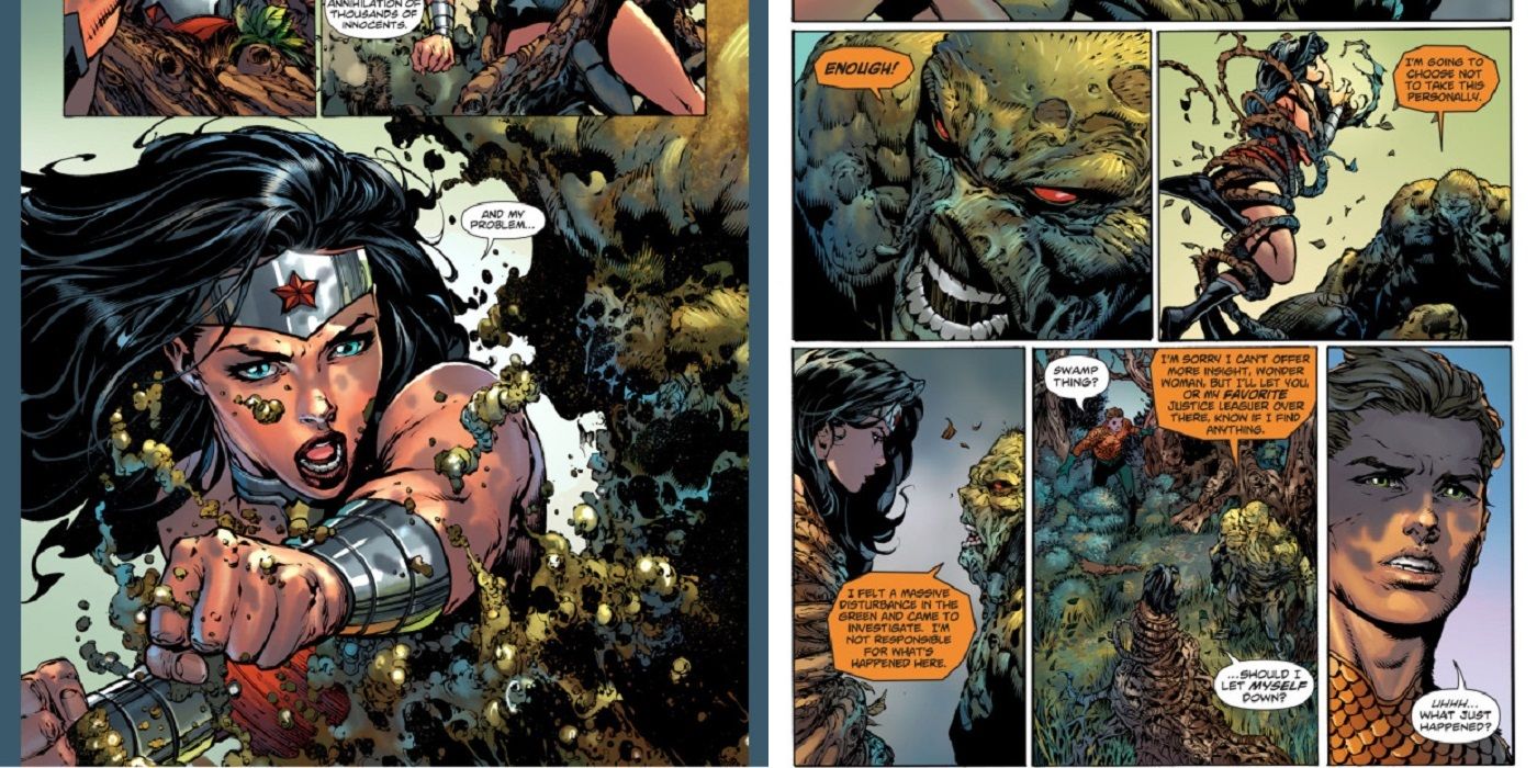 Swamp Thing traps Wonder Woman during their fight