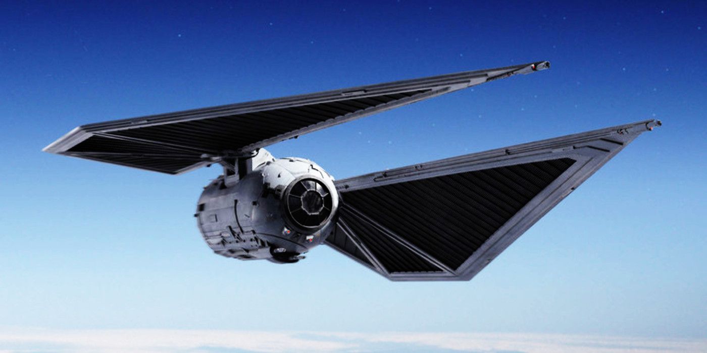 A TIE Striker flies over Scarif in Star Wars: Rogue One.