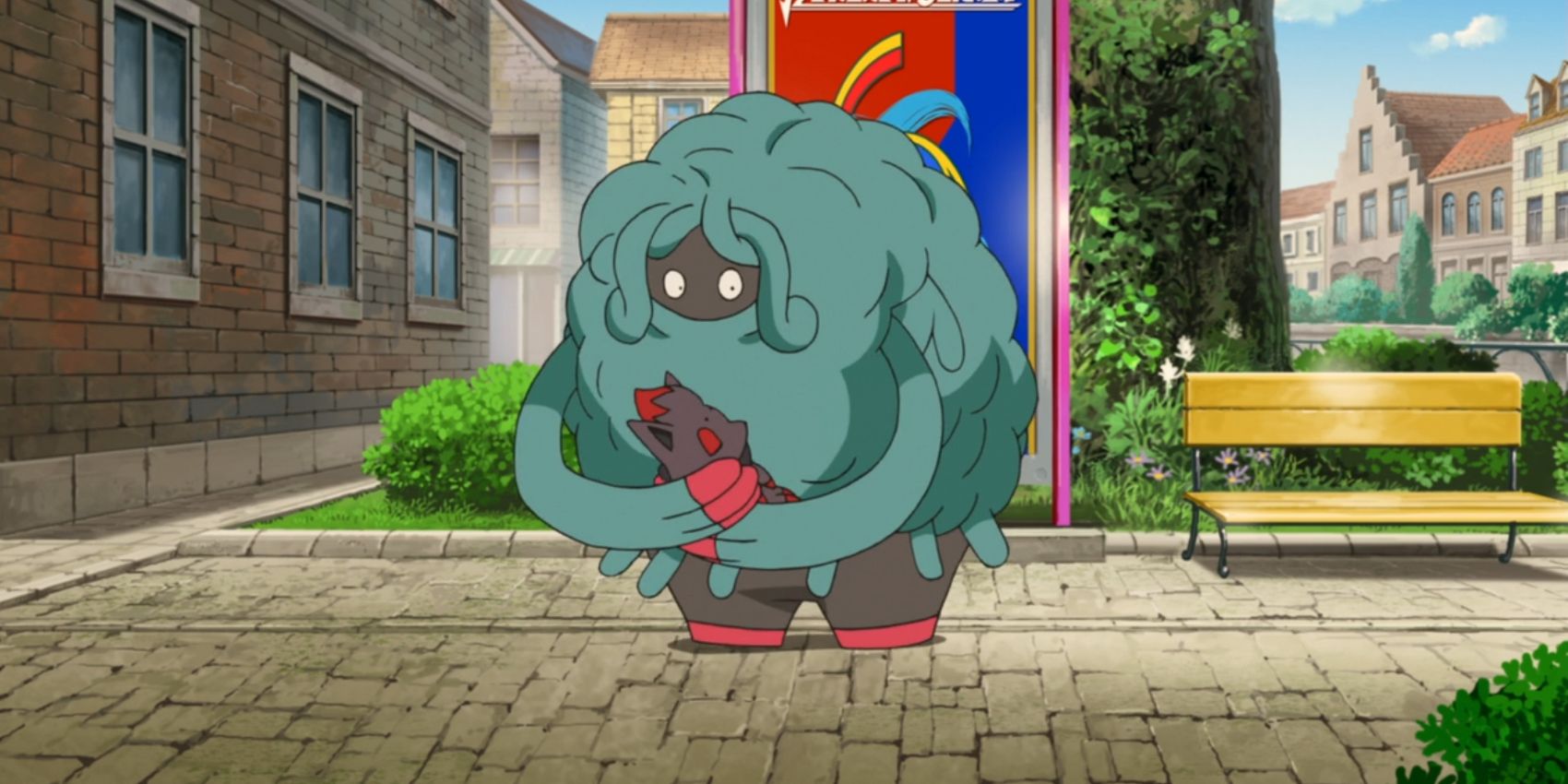 Tangrowth stands alone on a town's cobblestone street in a scene from the Pokémon anime.