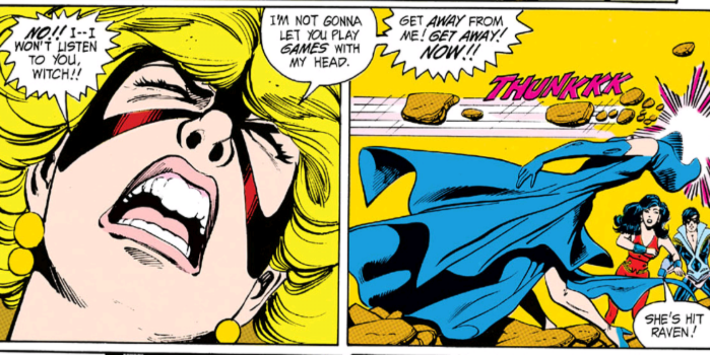 Terra hits Raven in Teen Titans comics.