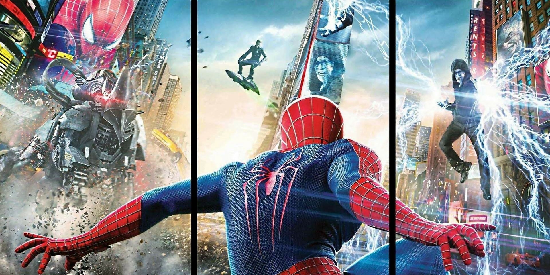 Split banner showing the villains and hero of The Amazing Spider-Man 2.