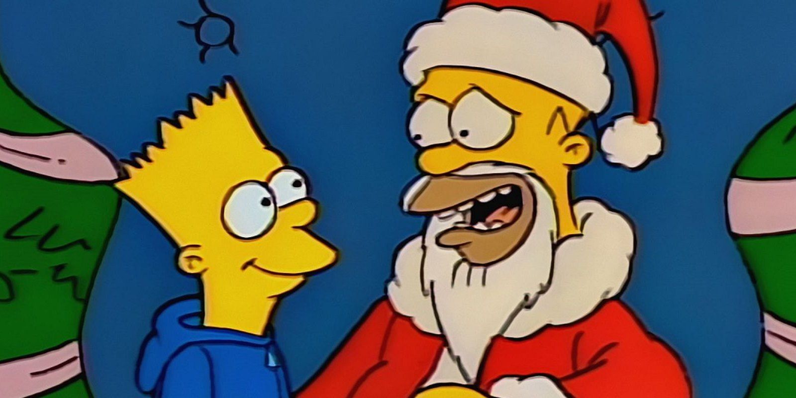 Homer dressed as Santa Claus with Bart in Simpsons Roasting On An Open Fire