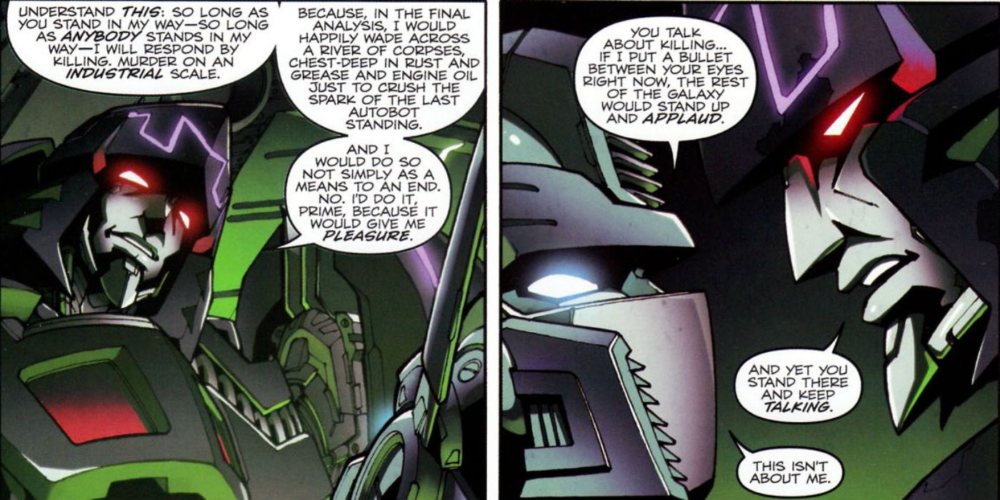 Optimus Prime and Megatron discuss their conflict in Transformers Chaos Theory comic book.